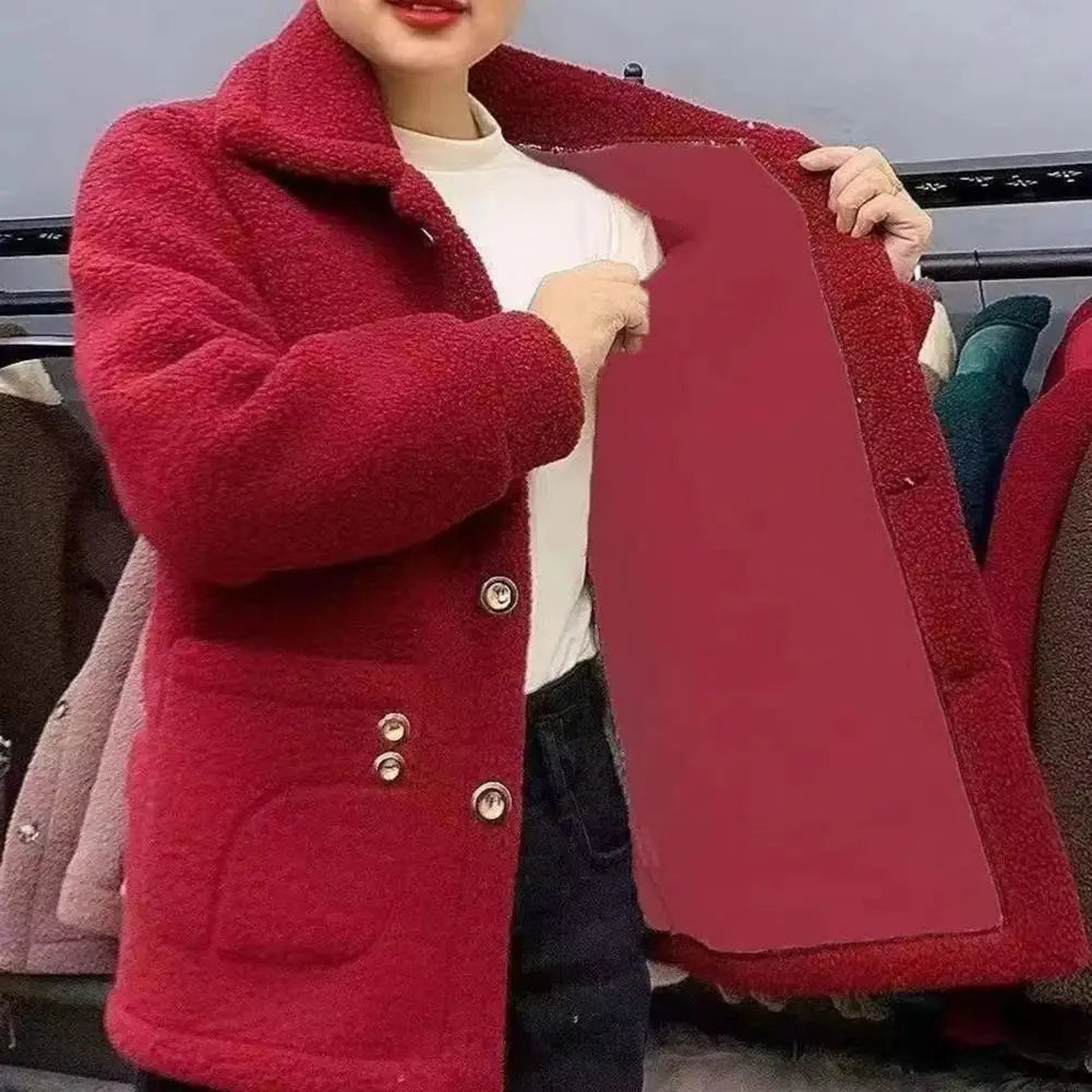 Winter Fleece Coat Single-breasted With Side Pockets Turn-down Collar Coat Coldproof Solid Color Long Sleeves Outwear Jacket