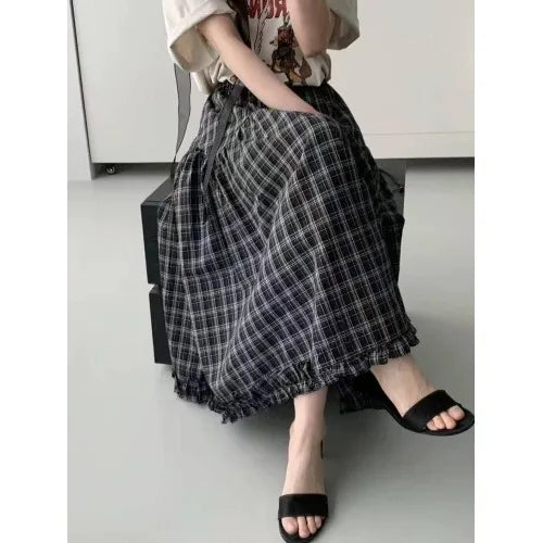 Retro Bla Plaid High Waist A-Line Midi Skirt Women's Summer New Sle Full Skirt Hem Lace Trim Umbrella Skirt