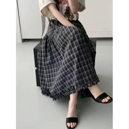 Retro Bla Plaid High Waist A-Line Midi Skirt Women's Summer New Sle Full Skirt Hem Lace Trim Umbrella Skirt