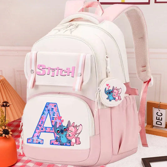 Stitch Angel Backpack Girls Disney Anime Letter A-Z Schoolbags Student School Shoulders Bag Outdoor Sport Travel Rucksack Gift