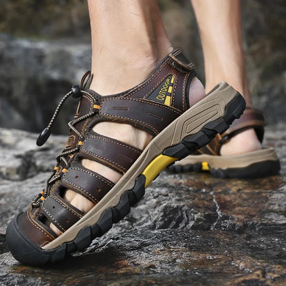 Summer Genuine Leather Men's Sandals Classic Breathable Slip-On Sandals Men Outdoor Casual Beach Sandals Sneakers Plus Size 46