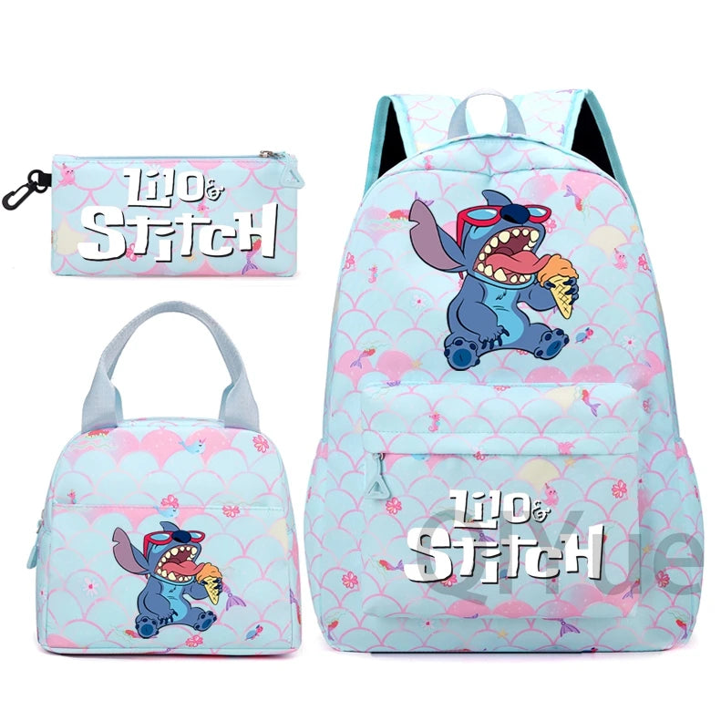 Disney Lilo Stitch Backpack Set for Girl Teen Student Back To School Knapsack Women Rucksack Mermaid Style Lunch Bag Pencil Case