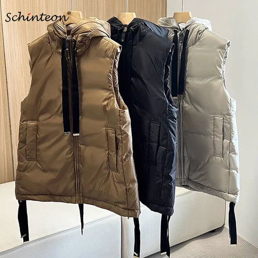 Schinteon Women 90% White Duck Down Vest with Hood Casual Sleeveless Jacket Simple Solid Color Fashion Autumn Winter Top 2025