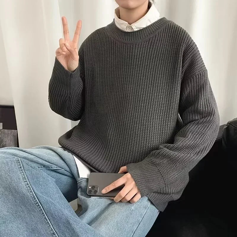 2025 Haust áhafnarháls Solid Color Pullover peysur fyrir karla frjálslegur y2k prjónað peysa High Street Fashion Jumpers Hombre