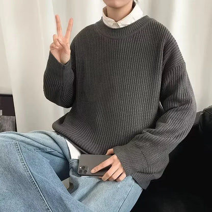 2025 Haust áhafnarháls Solid Color Pullover peysur fyrir karla frjálslegur y2k prjónað peysa High Street Fashion Jumpers Hombre