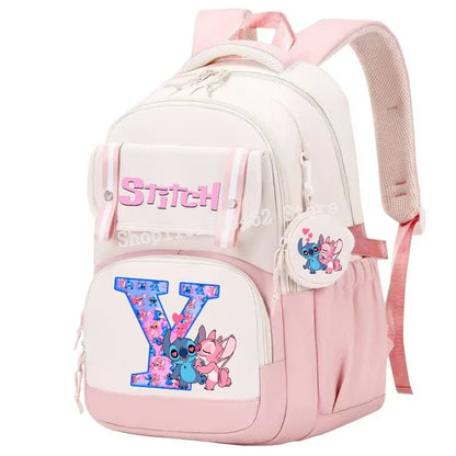 Stitch Angel Backpack Girls Disney Anime Letter A-Z Schoolbags Student School Shoulders Bag Outdoor Sport Travel Rucksack Gift