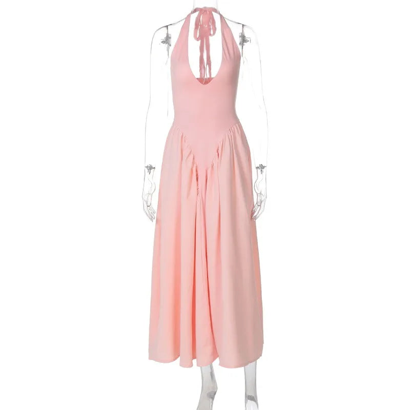 Talenza Backless Deep V Spliced Long Dress Summer Women's Sexy Party Kjole Halter Ny mode Slim hvid ærmeløs lang kjole