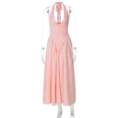 Talenza Backless Deep V Spliced Long Dress Summer Women's Sexy Party Kjole Halter Ny mode Slim hvid ærmeløs lang kjole