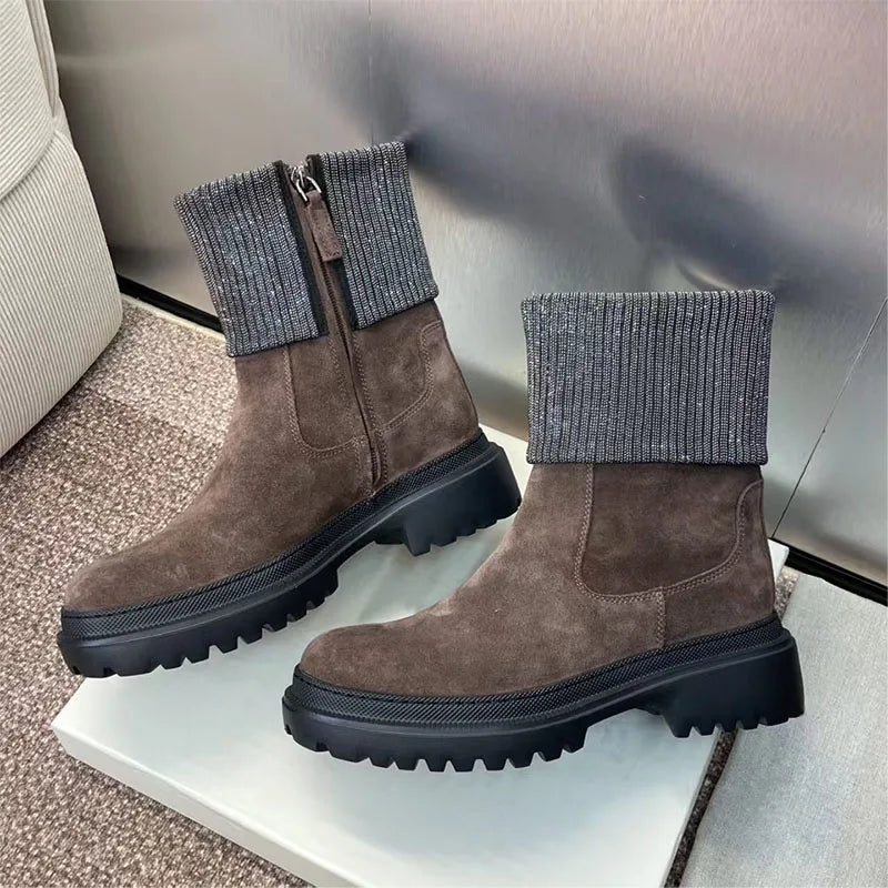 Luxury Quality Short Boots Woman Round Toe Flat Shoes For Women Cow Suede Ankle Boots String Bead Motorcycle Boots Women