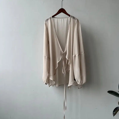 Cămăși pentru femei în v-gât liber cu mânecă lungă cusătură deschisă în stil coreean dantelă simplă Simp solid de vară șifon Minimalist Minimalist Elegant