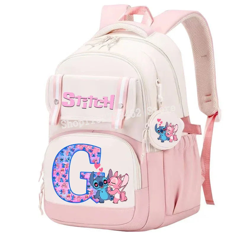 Stitch Angel Backpack Girls Disney Anime Letter A-Z Schoolbags Student School Shoulders Bag Outdoor Sport Travel Rucksack Gift