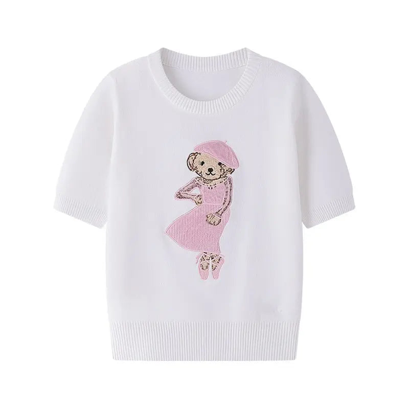 Eurooppalainen tyylinen luksusbrändi löysä O-kaula-aukkoa Pullover Tops Neule Woman Lyhythihainen T-paita Ladies Wooleulottu villapaita