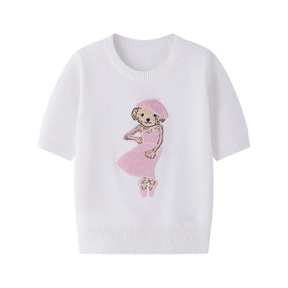 Eurooppalainen tyylinen luksusbrändi löysä O-kaula-aukkoa Pullover Tops Neule Woman Lyhythihainen T-paita Ladies Wooleulottu villapaita
