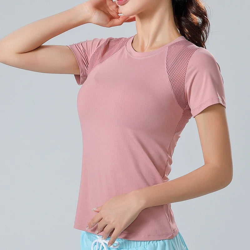 Pofybofy Mesh Stitching Reflectiv Strip Back Dry Dry Elastic Elastic Respirabil de bază cu mânecă scurtă cu mânecă Yoga Tricou Femei Gimnastică Fitness Top