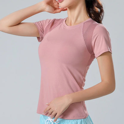 Pofybofy Mesh Stitching Reflectiv Strip Back Dry Dry Elastic Elastic Respirabil de bază cu mânecă scurtă cu mânecă Yoga Tricou Femei Gimnastică Fitness Top