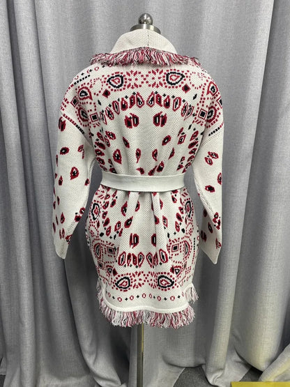 Boho Inspired Women's elegant Belt cashmere cardigan women High quality Wool Tassels jacquard grey knit cardigan long oversized