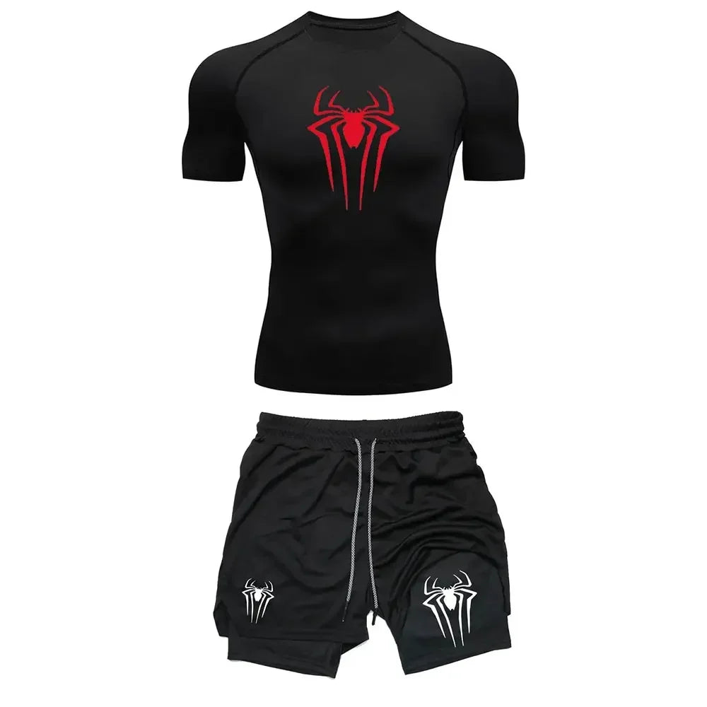 Herrträningskomprimering set y2k spindel tryckt gym tshirts andningsbara löpning shorts snabb torr sport utslag skydd sportkläder set