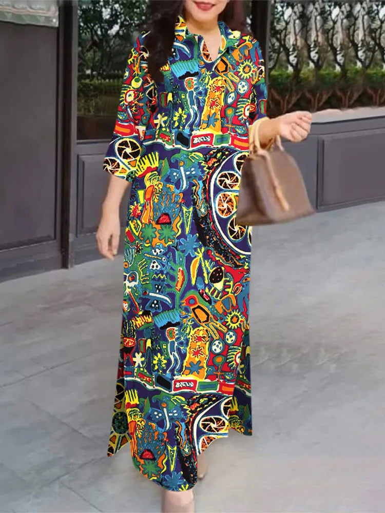 Zanzea Kvinder 3/4 ærme Lange kjoler Fall 2024 Fashion Lapel Neck Cotton Shirtdress Vintage Floral Print Maxi Shirt Dress Ny i