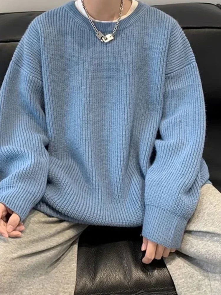 2025 Haust áhafnarháls Solid Color Pullover peysur fyrir karla frjálslegur y2k prjónað peysa High Street Fashion Jumpers Hombre