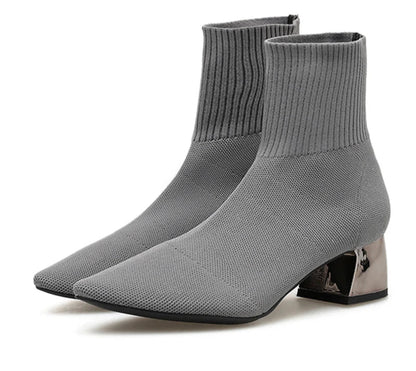 Eilyken Fashion Knitted Stretch Fabric Sewing Women Ankle Boots Square Heels Winter Pointed Toe Ladies Sock Booties