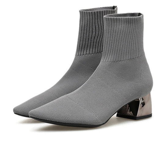 Eilyken Fashion Knitted Stretch Fabric Sewing Women Ankle Boots Square Heels Winter Pointed Toe Ladies Sock Booties