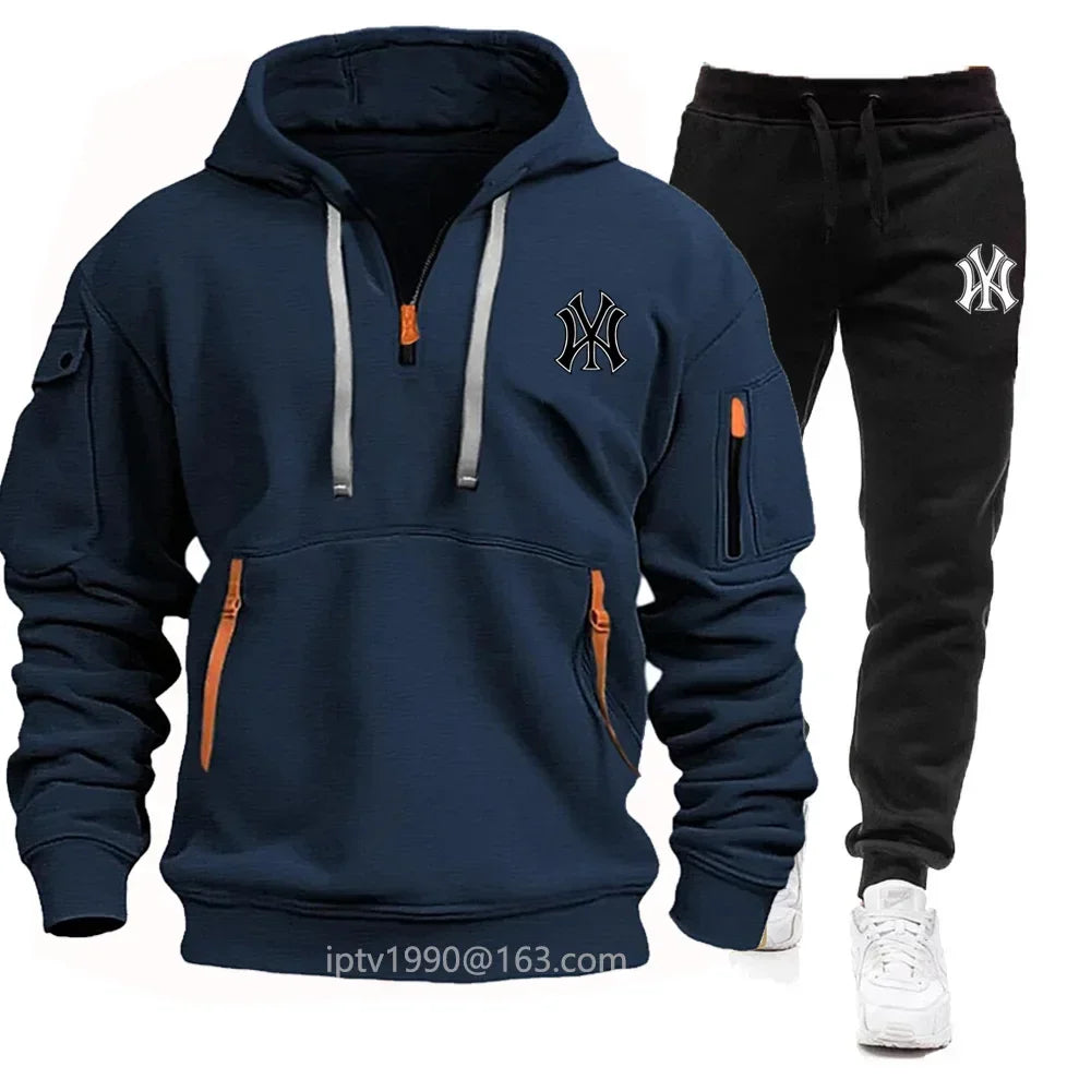 Spring et automne 2025 Sweat à capuche à fermeture éclair multi-poche pour hommes, ensemble de pantalons de survêtement en 2 pièces, vêtements de sport de fitness décontractés
