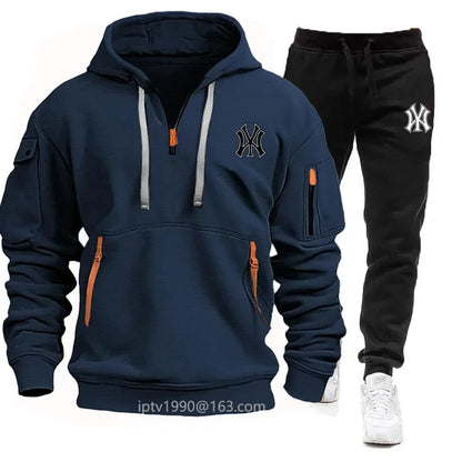 Spring et automne 2025 Sweat à capuche à fermeture éclair multi-poche pour hommes, ensemble de pantalons de survêtement en 2 pièces, vêtements de sport de fitness décontractés
