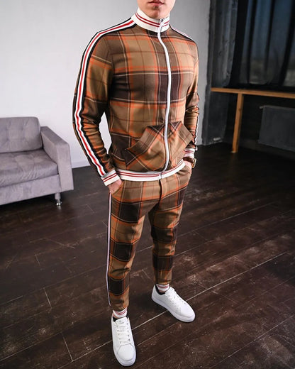 2025 Herbst Herum Männer Tracksuit 2pc Set Plaid Zipper Sweatshirt Jacke Langes Hosen Freigelegte Fitnessstudio Running Jogging Outfit Fleece Sportswear