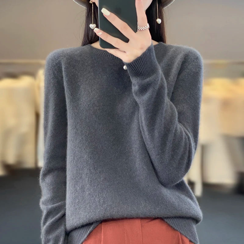 Autumn Winter 100% Merino Wool cashmere Sweater O-Neck Long Sleeve Cashmere Women Knitted Pullover Clothing Top