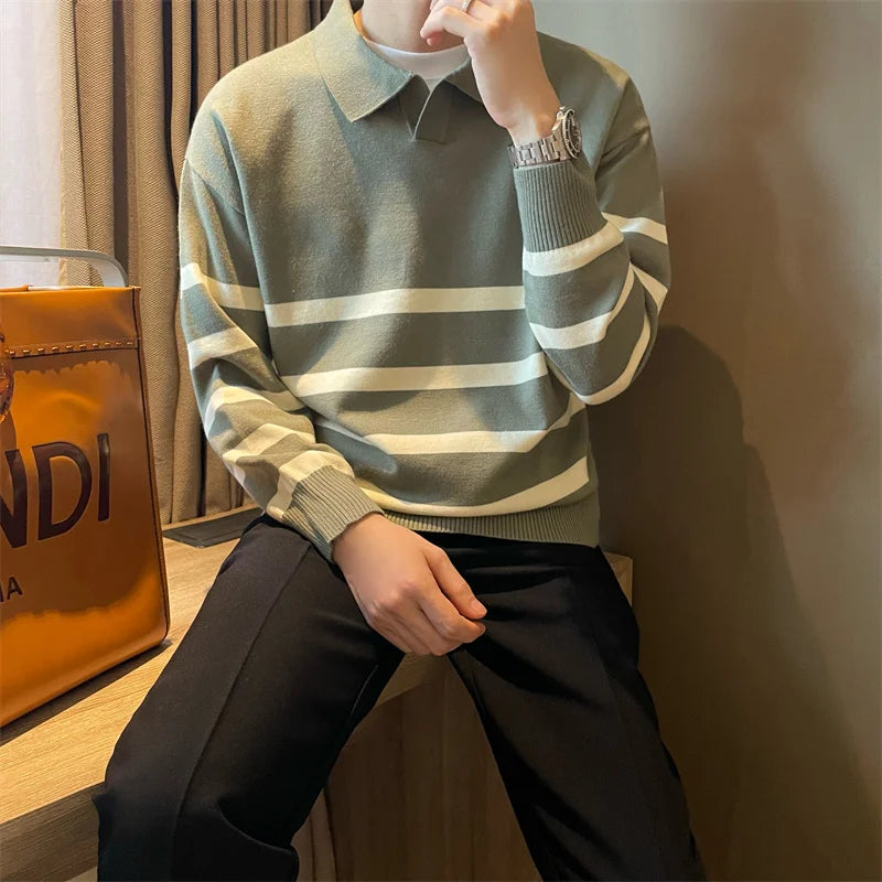 Efterår enkel lapel stribet sweater til mænd afslappet vintage koreansk mode strikstøj top ny y2k løs strikket pullover jumper