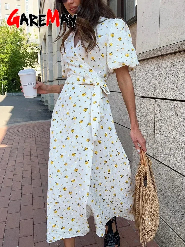 Casual Women's Summer Dresses 100% Cotton Floral Print A-line Midi Dress with Side Slits Long Elegant White Dress for Women 2025