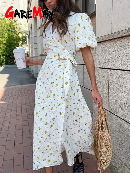 Casual Women's Summer Dresses 100% Cotton Floral Print A-line Midi Dress with Side Slits Long Elegant White Dress for Women 2025