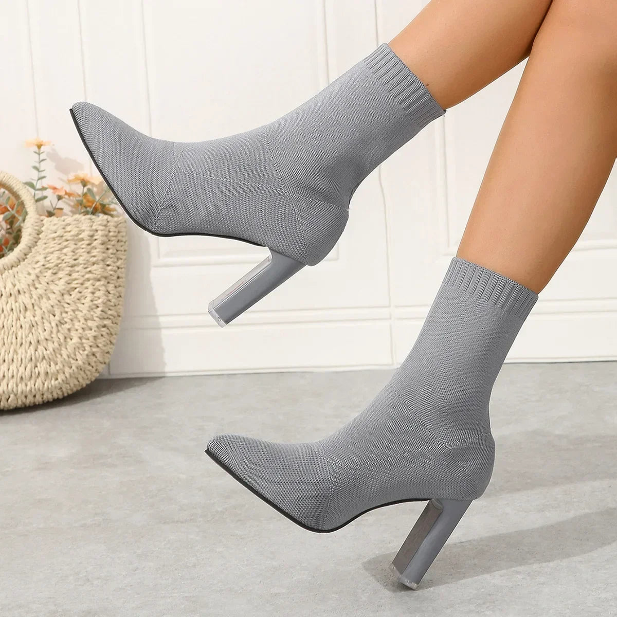 Womens Fashion Heeled Ankle Boots Autumn Pointy Solid Color Stretch Knitted Sock Boots Women Chunky Slip on Shoes Plus-size 43