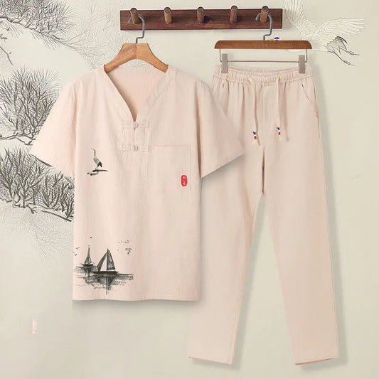 Summer Men Short-sleeved T-shirt Casual Cotton and Linen Solid Color Versatile Loose Trousers