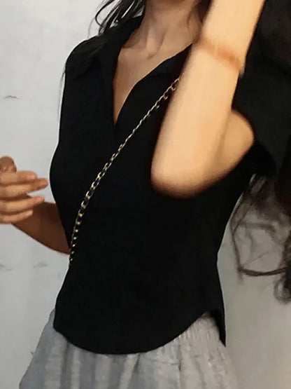 Summer Short Sleeve Lapel Top Women's Solid V-hals tröjor Retro söta skjortor Hot Girl Crop Top Kvinnlig Slim Merveile Tee