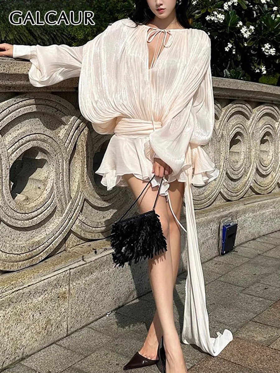 Galcaur Solid Loose Splicd Lace Up Dresses For Women V Neck Lange ermer Patchwork Ruffles Tunika Dreses Female Fashio Ny