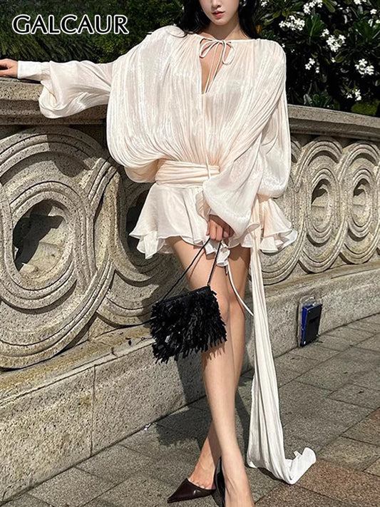 Galcaur solide lose Splicd Schnürkleider für Frauen gegen Nacken Langarm Patchwork Rüschen Tunika Dreses weiblich Fashio neu