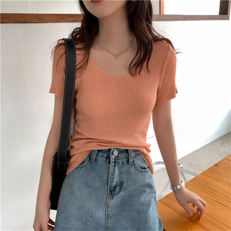Grundlæggende V-hals solid tynd sommer pullover kvinder kvinde strikket ribbed sweater slank kortærmet bodycon sweater