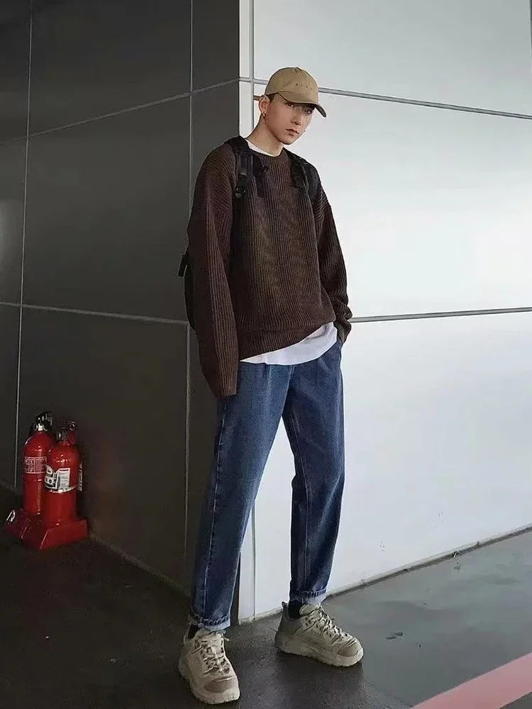 2025 Haust áhafnarháls Solid Color Pullover peysur fyrir karla frjálslegur y2k prjónað peysa High Street Fashion Jumpers Hombre