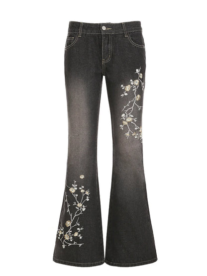 Weekeep Floral Embroidery Jeans Vintage 2000s Low Rise Flared Jeans Women Retro y2k Baggy Denim Pants High Street Basic Trousers