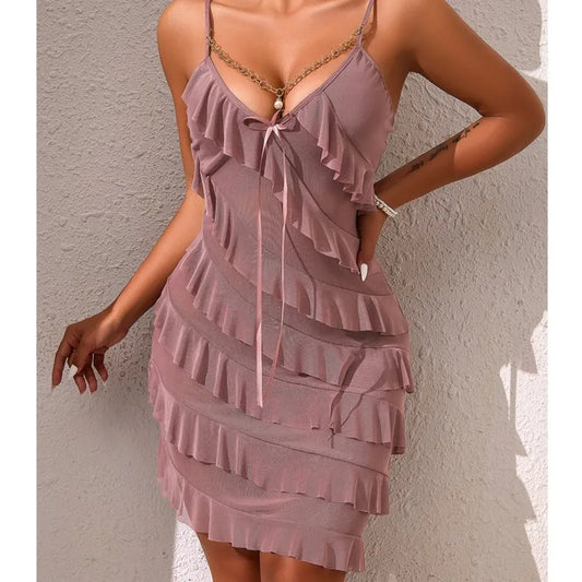 Sexy Night Dress Multi Layered Ruffles Pajamas Dress Golden Chain Pearls Nightgown Mesh Suspender Nightie Home Wear Tiered Skirt