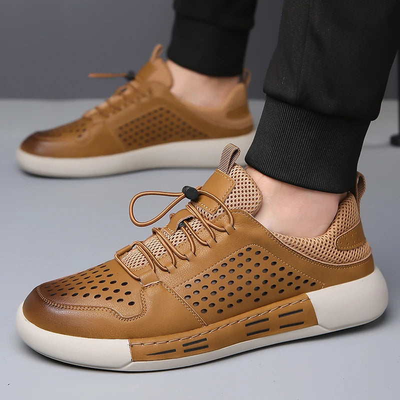 Summer Men's Hollow Breathable Leather Boots Outdoor Flat Bottomed Comfortable Sports Shoes Fashionable and Casual Oxford Shoes