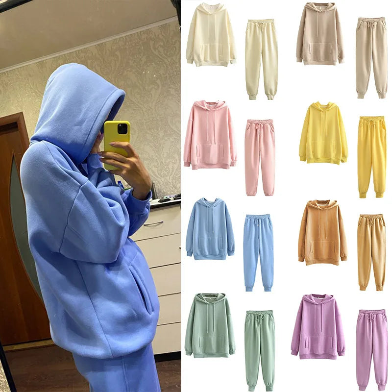 Žene tracksuit casual kapuljače dukserice hlače set salon nošenje sportskog odijela 2pcs jesenska zimska odjeća s kapuljačom zgužvane setove