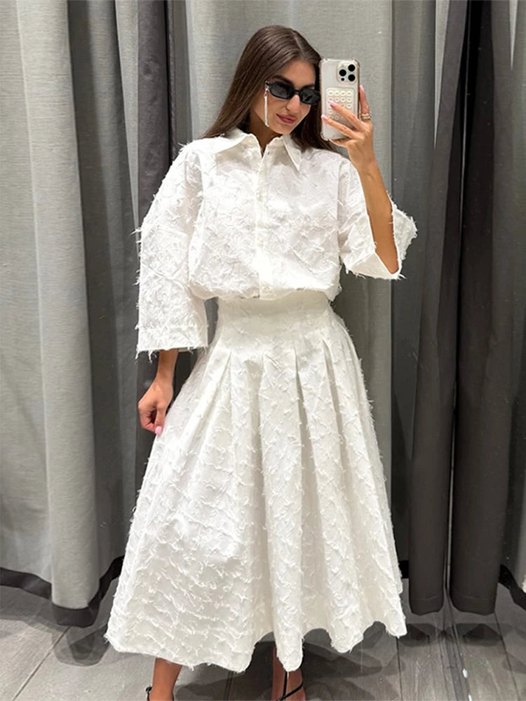 Elegant skjorta kjol set kvinnor lapel långärmad lös t-shirt hög midja veckade långa kjolar kostymer 2025 sommargata lady set