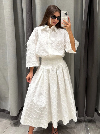 Elegant skjorta kjol set kvinnor lapel långärmad lös t-shirt hög midja veckade långa kjolar kostymer 2025 sommargata lady set