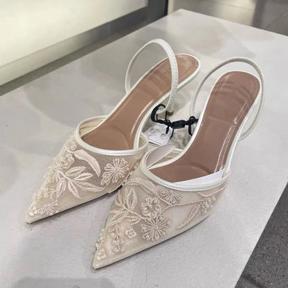 Mesh Embroidered Women Sandals String Bead Thin High Heels Mules Shoes Pointed Toe Slingback Slippers Women Zapatos De Mujer