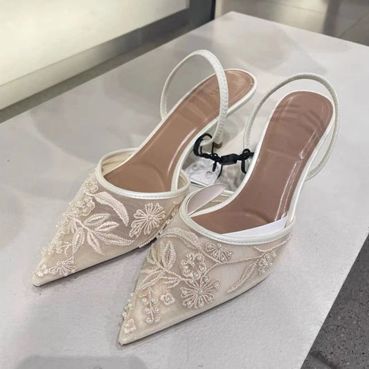 Mesh Embroidered Women Sandals String Bead Thin High Heels Mules Shoes Pointed Toe Slingback Slippers Women Zapatos De Mujer