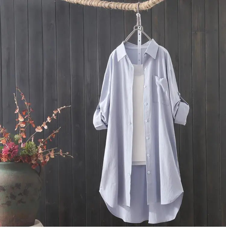 Korean Fashion White Shirt Women 2023 Spring Summer Loose Breathable Midi Shirt and Blouse Lady Simple Solid Color Long Shirts