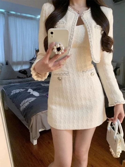 Elegant Fashion O-neck Long Sleeve Coat Women+ Sexy Slim Waist Bodycon Camisole Dresses 2025 Early Autumn New Two Piece Sets