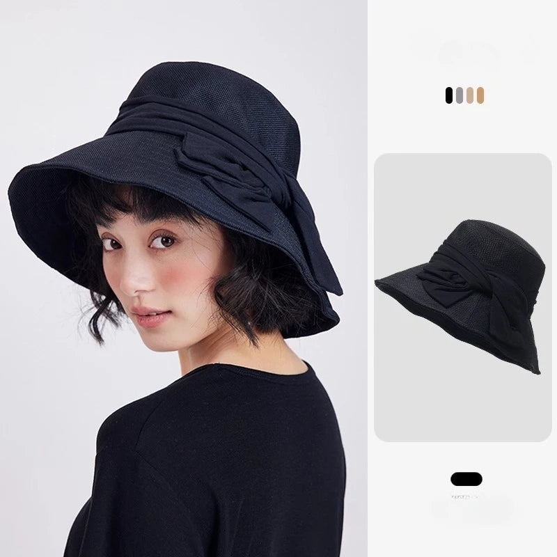 USPOP Elegant Wide Brim Cotton Linen Bucket Hat for Women Summer Sun Hat with Bow Foldable UV Protection Beach Hat